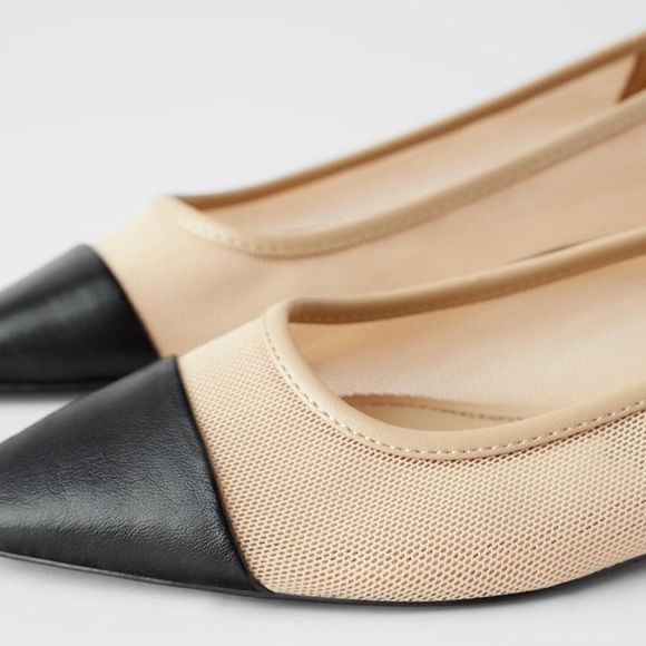 NWT Zara Cream Black Capped Toe Mesh Leather Mules - Picture 2 of 9